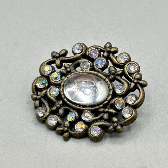Pretty Rhinestones Pin Brooch Moonglow Acrylic Cabochon Antique Style Jewelry - Picture 2 of 6